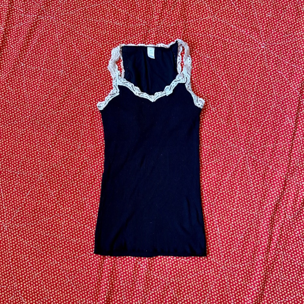 Vintage Black Ribbed Lace Trim Cami Tank Top Medium Coquette Indie Twee
